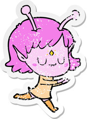 distressed sticker of a cartoon alien girl