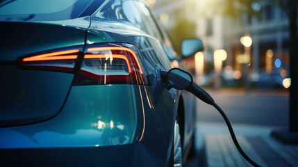 Close-up of electric cars plugged at the station.  - obrazy, fototapety, plakaty