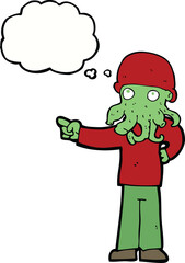 cartoon alien monster man with thought bubble