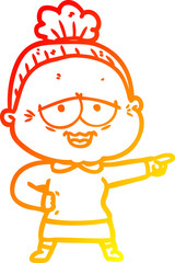 warm gradient line drawing of a cartoon happy old lady