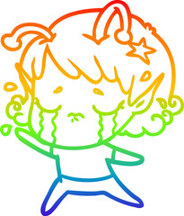 rainbow gradient line drawing of a cartoon crying alien girl