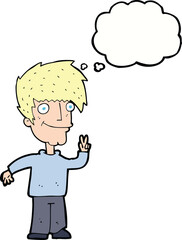 cartoon man giving peace sign with thought bubble