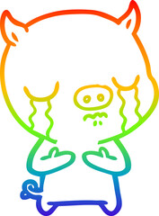 rainbow gradient line drawing of a cartoon pig crying