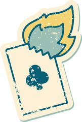 iconic distressed sticker tattoo style image of a flaming card