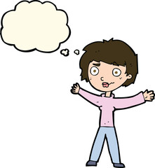 cartoon woman waving arms with thought bubble