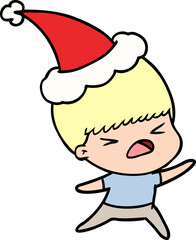 hand drawn line drawing of a stressed man wearing santa hat