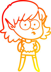 warm gradient line drawing of a cartoon elf girl staring