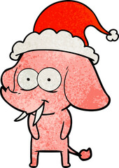 happy hand drawn textured cartoon of a elephant wearing santa hat