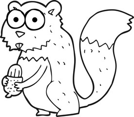 freehand drawn black and white cartoon angry squirrel with nut