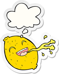 cartoon squirting lemon with thought bubble as a printed sticker