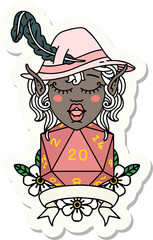 sticker of a elf bard with natural twenty dice roll