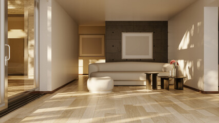 Large luxury modern bright interiors Living room mockup illustration 3D rendering computer digitally generated image