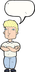 cartoon man with crossed arms with speech bubble