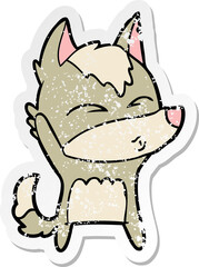 distressed sticker of a cartoon wolf whistling