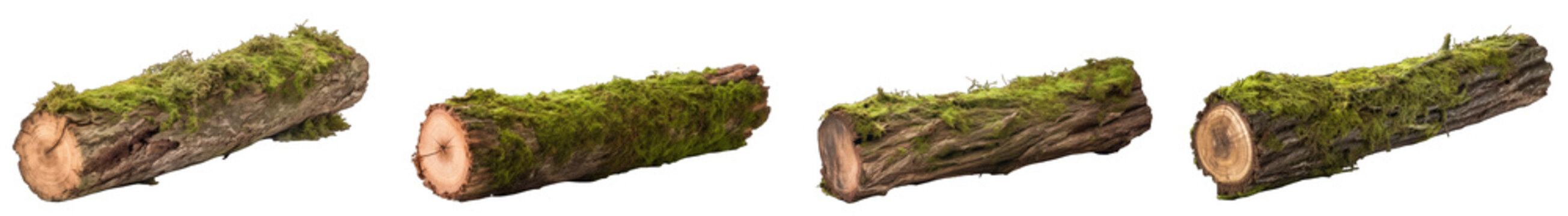 Cut long tree logs wood covered in green foliage and moss, deforestation, isolated on transparent background generative ai
