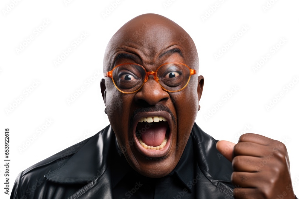 Poster a man wearing a leather jacket and glasses is making a funny face. this image can be used to depict 