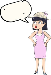 freehand drawn speech bubble cartoon woman wearing sun hat