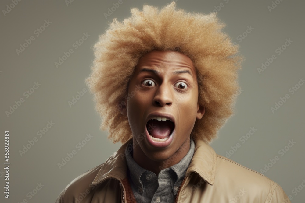 Poster a man with an afro is captured in the midst of making a funny face. this image can be used to add hu