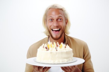 A man holding a cake with candles, ready for a birthday celebration. This image can be used to depict birthday parties, celebrations, and special occasions.