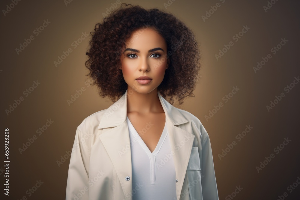 Poster a woman wearing a white coat poses for a picture. this versatile image can be used in various contex