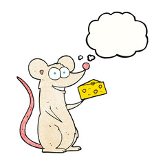 freehand drawn thought bubble textured cartoon mouse with cheese
