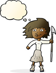 cartoon woman with spear with thought bubble
