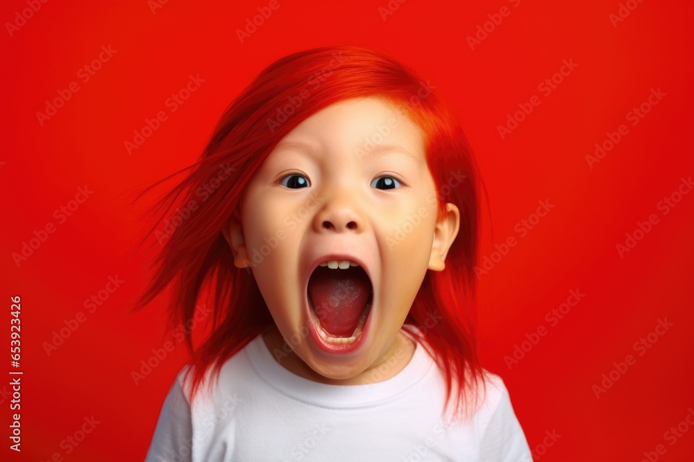 Poster a little girl with red hair is making a funny face. this picture can be used to add humor and playfu
