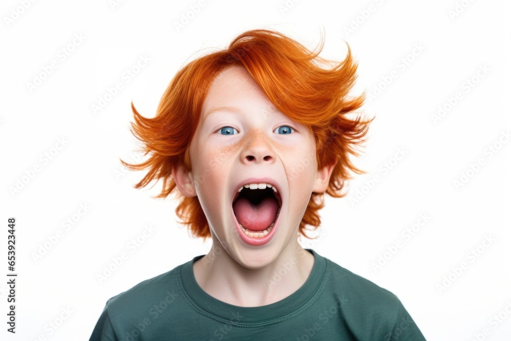 Sticker a young boy with red hair making a funny face. this image can be used to depict humor and silliness 