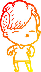 warm gradient line drawing of a cartoon squinting girl