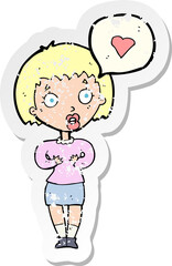 retro distressed sticker of a cartoon surprised woman in love