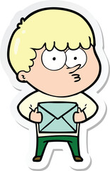 sticker of a cartoon curious boy carrying a gift