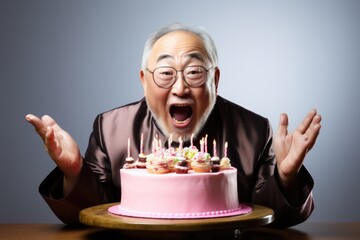 A picture of a man wearing glasses holding a pink cake with lit candles. This image can be used for birthday celebrations or special occasions.