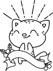 scroll banner with black line work tattoo style happy cat