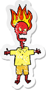 retro distressed sticker of a cartoon flaming skeleton