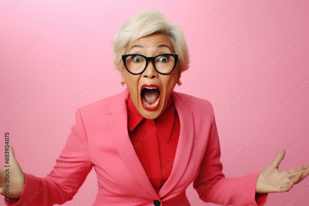 Poster a woman wearing a pink suit and glasses is making a funny face. this image can be used to add a touc