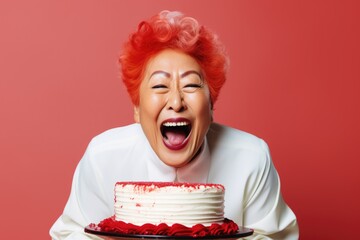 A woman with red hair holding a cake in front of her face. This image can be used for birthday celebrations, surprise parties, or any occasion related to cakes and desserts.