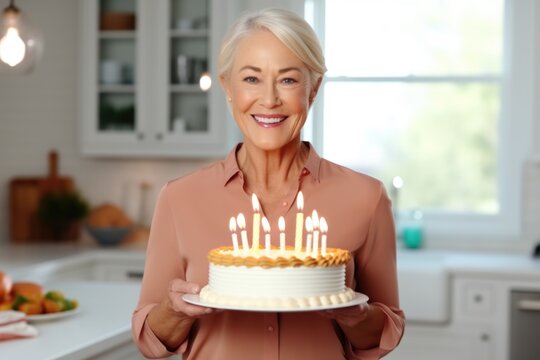 A woman is holding a cake with lit candles. This image can be used for birthday celebrations or special occasions.