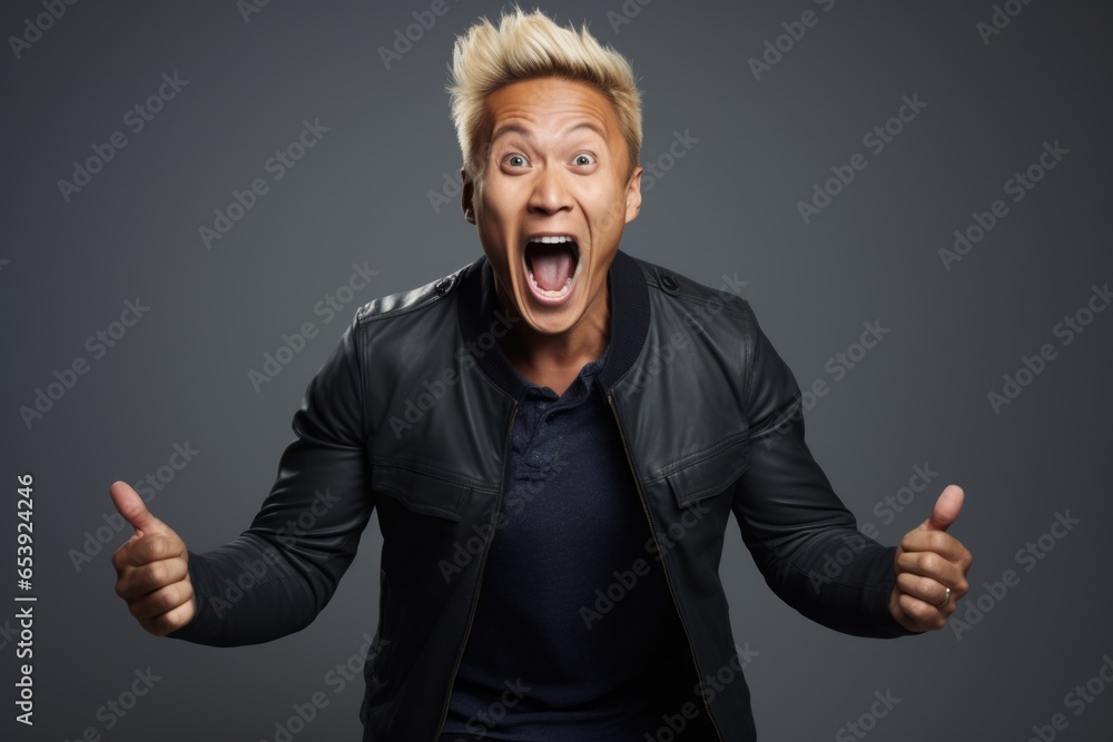 Canvas Prints a man wearing a leather jacket is captured making a funny and comical expression. this image can be 