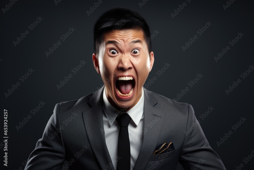 Poster a man wearing a suit is making a funny face. this image can be used for humorous content or to repre