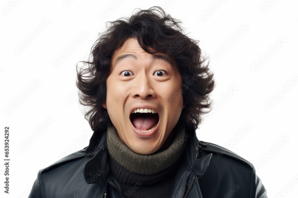Poster a man wearing a leather jacket is captured in a humorous moment, making a funny face. this image can