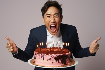 A man dressed in a suit holding a cake with lit candles. This image can be used to celebrate birthdays or other special occasions.