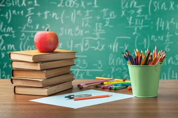 School supplies set on wooden desk