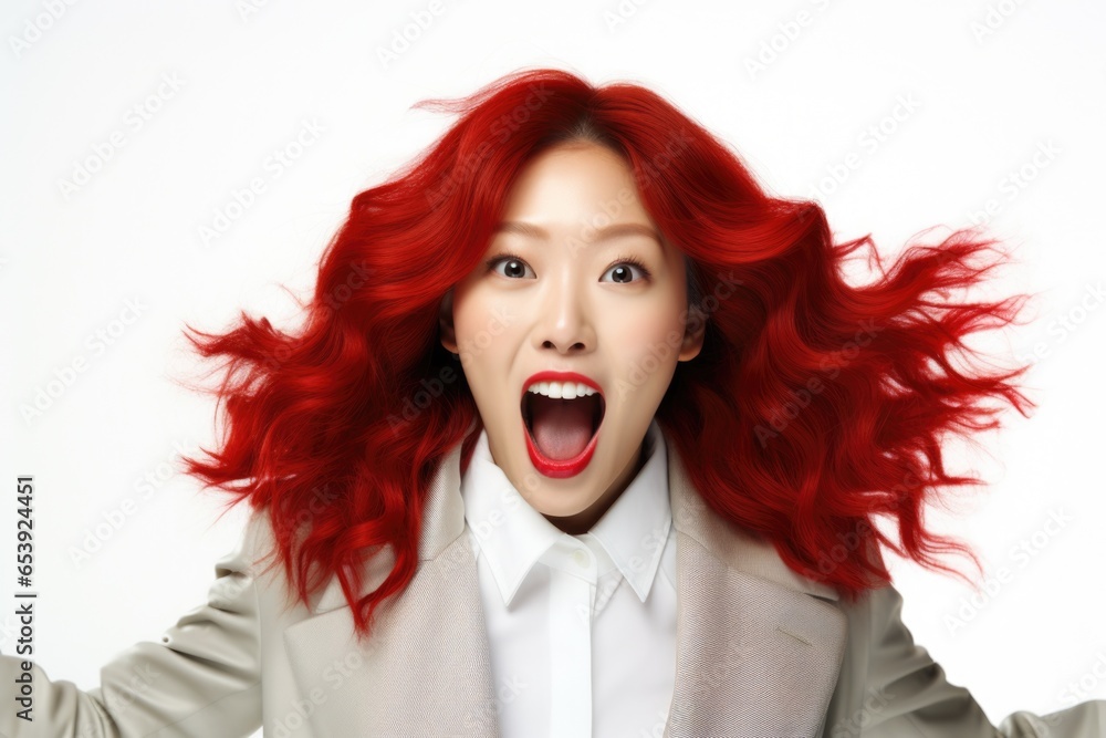 Poster a woman with vibrant red hair is captured in the midst of making a hilarious and comical expression.