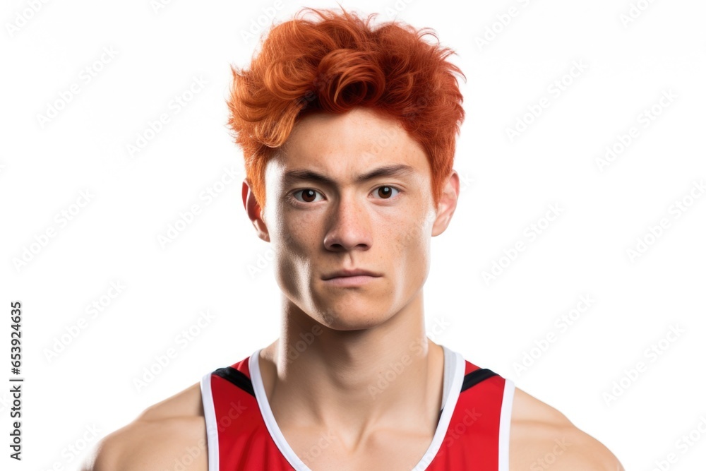 Poster a picture of a man with vibrant red hair wearing a red tank top. this image can be used to portray a