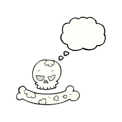 freehand drawn thought bubble textured cartoon skull and bone symbol