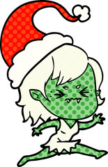 annoyed hand drawn comic book style illustration of a vampire girl wearing santa hat
