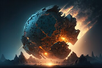 An asteroid with fragments falls to the planet - obrazy, fototapety, plakaty