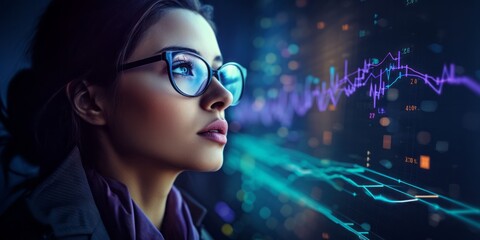 Close-Up Face with Glasses Reflecting a Stock Market Graph Against a Purple Background, Analyzing...