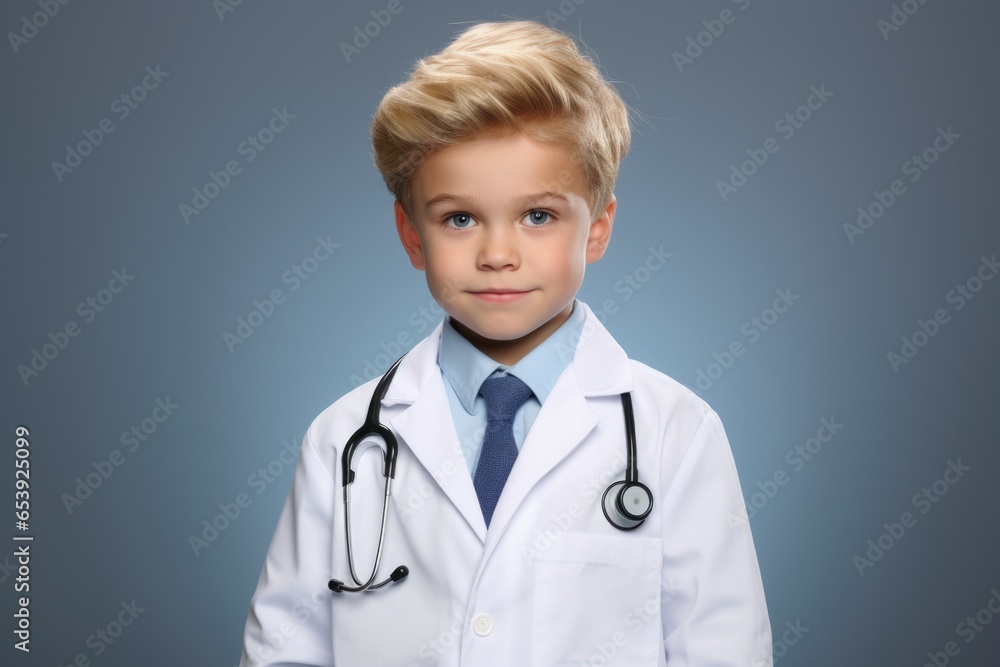 Poster A picture of a young boy dressed in a lab coat and wearing a stethoscope. This image can be used to represent aspirations of becoming a doctor or to illustrate a medical or scientific theme.