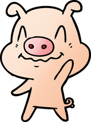 nervous cartoon pig waving
